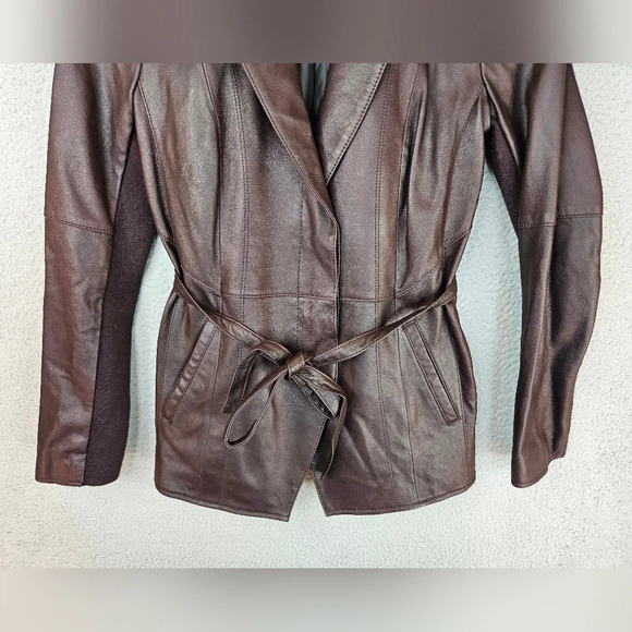 Andrew Marc Leather Jacket Womens Sz S Burgundy Butter Soft Tie & Button - Picture 5 of 16